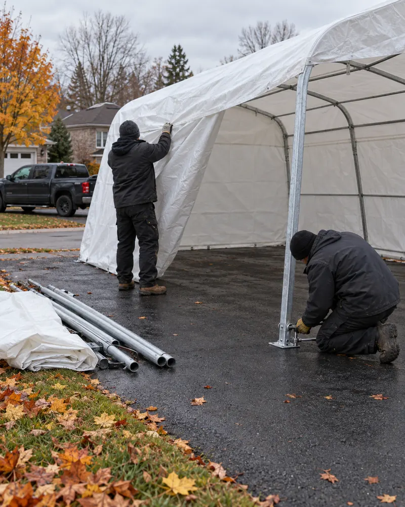 Deux installateurs montent et ancrent un abri Tempo double